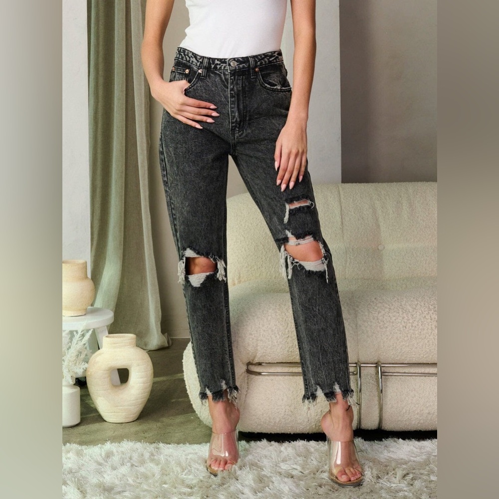 Charcoal Gray Washed High Waisted Distressed Raw Hem Denim Jeans